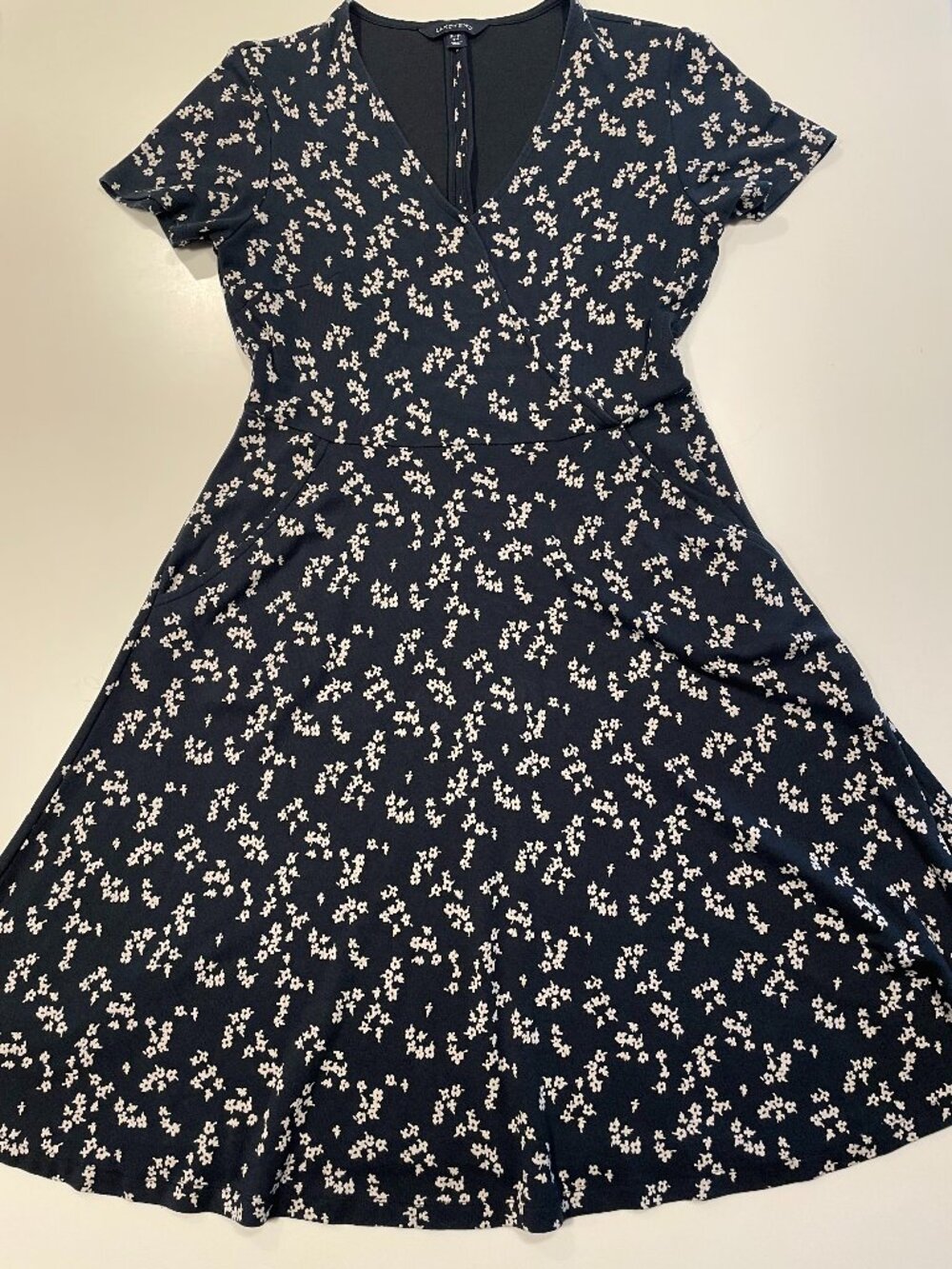 Lands' End Black & Tan Floral A-Line V-Neck Jersey Knit Dress Women's Small 6-8